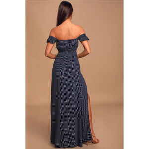Lulus Dream Love Navy Blue Polka Dot Off-the-Shoulder Maxi Dress